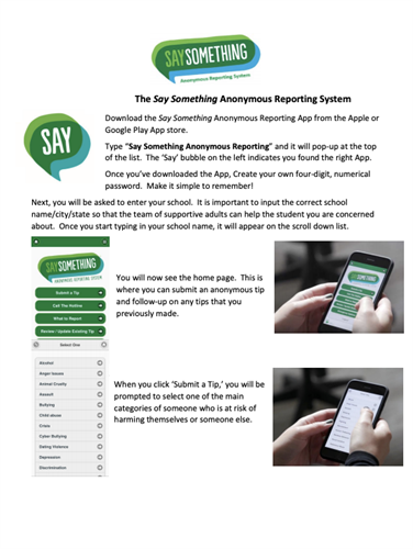 This is the first page of instructions for the Say Something Anonymous Reporting system.